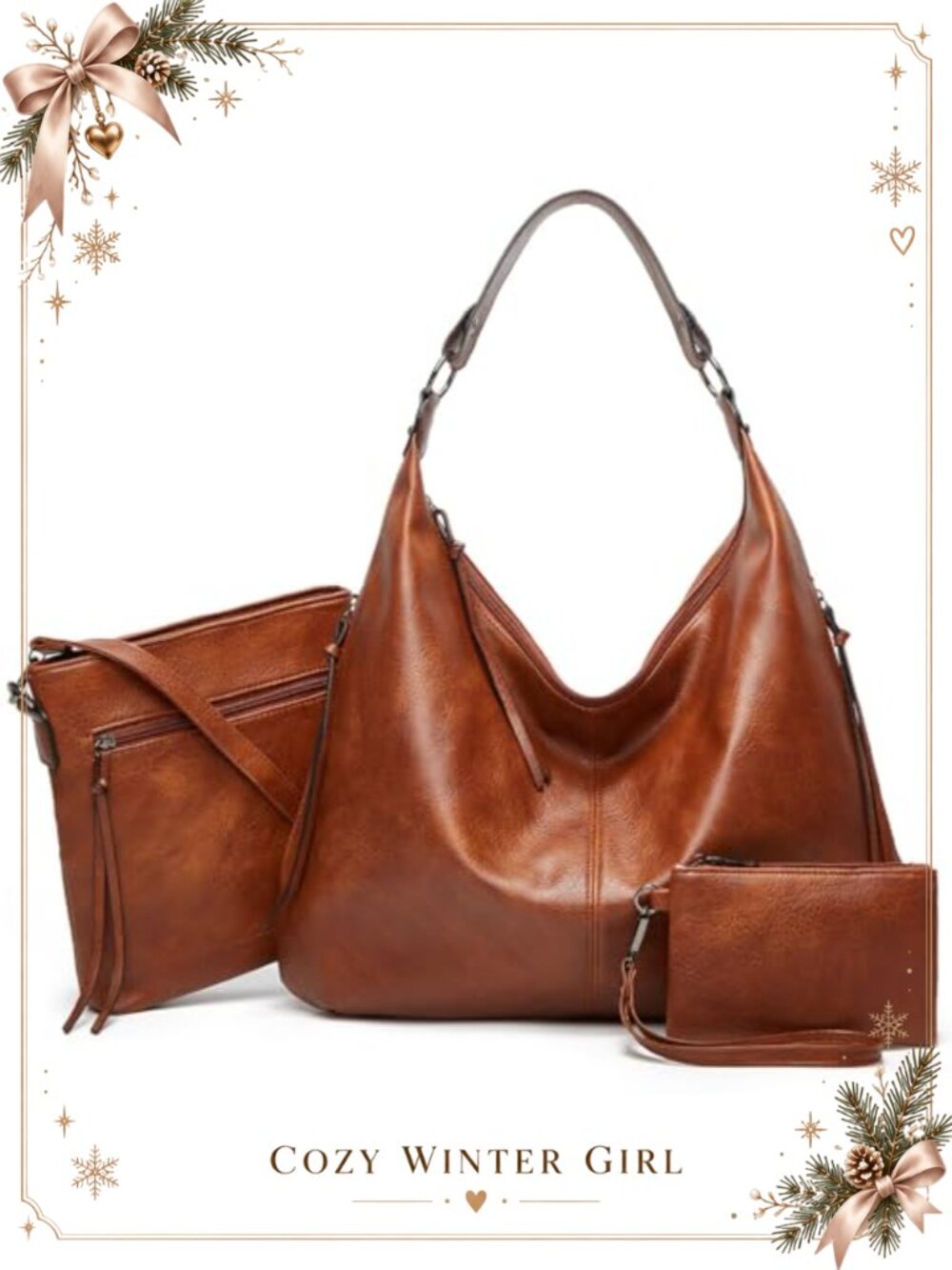 3PCS Vegan Leather Hobo Bag Set with Crossbody & Wallet Convertible Shoulder